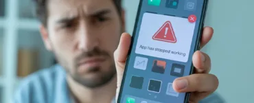 Applis : image ou photo d'un smartphone en gros plan avec un écran affichant une application bloquée ou en erreur.