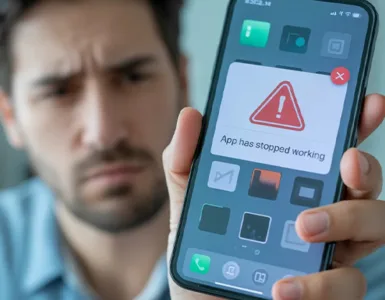 Applis : image ou photo d'un smartphone en gros plan avec un écran affichant une application bloquée ou en erreur.