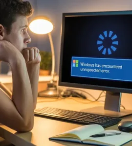 déverrouiller un ordinateur : image ou photo d'un utilisateur (jeune adulte ou profil neutre) regarde son écran d'ordinateur avec un visage inquiet ou frustré. L’écran affiche une roue de chargement figée ou un message d’erreur typique de Windows.