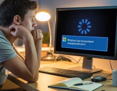 déverrouiller un ordinateur : image ou photo d'un utilisateur (jeune adulte ou profil neutre) regarde son écran d'ordinateur avec un visage inquiet ou frustré. L’écran affiche une roue de chargement figée ou un message d’erreur typique de Windows.