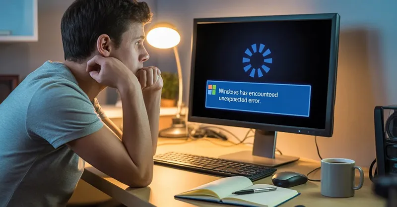 déverrouiller un ordinateur : image ou photo d'un utilisateur (jeune adulte ou profil neutre) regarde son écran d'ordinateur avec un visage inquiet ou frustré. L’écran affiche une roue de chargement figée ou un message d’erreur typique de Windows.