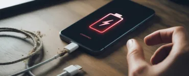 Téléphone ne se charge pas : image ou photo d'un smartphone posé sur une table, branché à un chargeur, avec l’icône de batterie vide visible à l’écran.