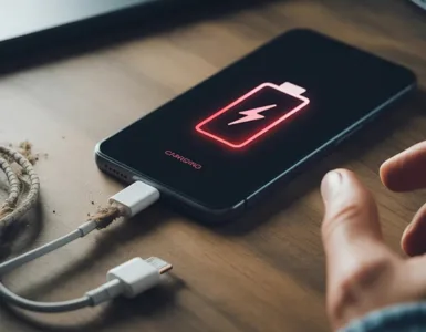 Téléphone ne se charge pas : image ou photo d'un smartphone posé sur une table, branché à un chargeur, avec l’icône de batterie vide visible à l’écran.