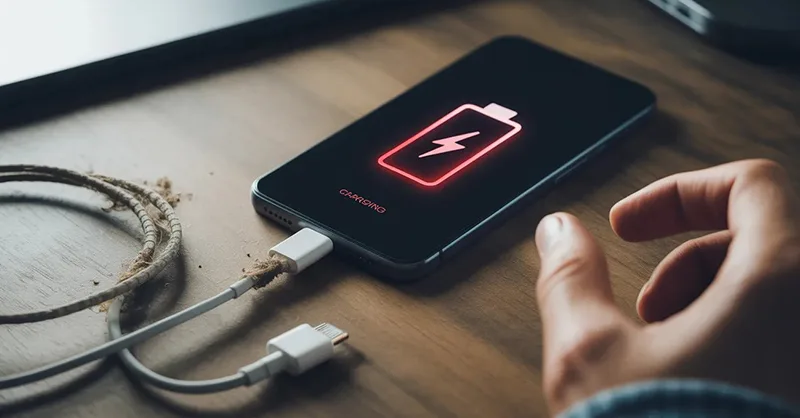 Téléphone ne se charge pas : image ou photo d'un smartphone posé sur une table, branché à un chargeur, avec l’icône de batterie vide visible à l’écran.