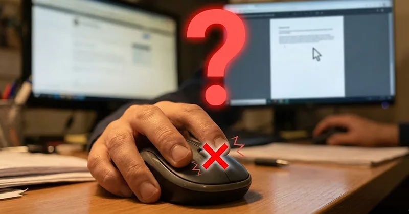 Souris qui ne défile plus : image ou photo d'une main frustrée qui tient une souris d’ordinateur avec un gros point d’interrogation au-dessus.