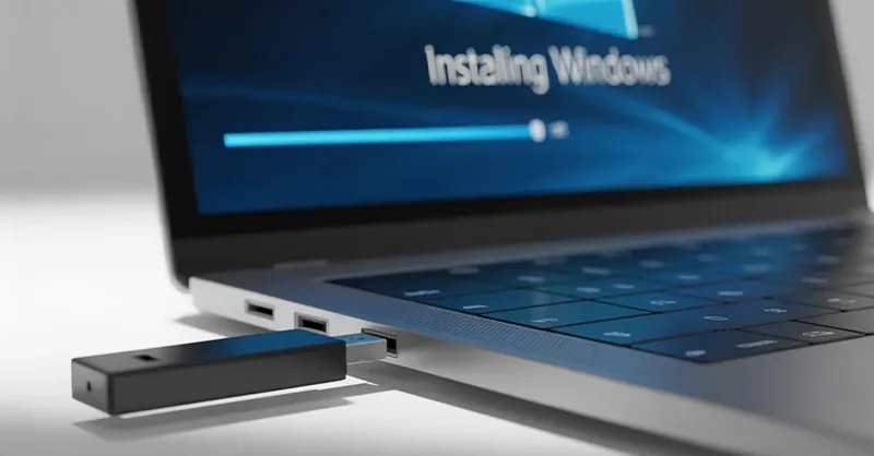 Clé USB bootable : image ou photo d'une clé USB branchée avec écran d’installation en arrière-plan.