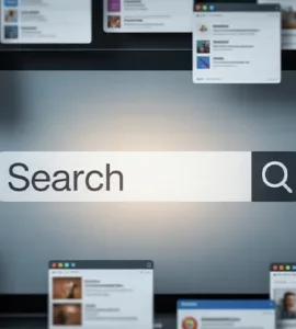 Perplexity : image ou photo d'un écran d’ordinateur avec une barre de recherche au centre. Autour, plein de fenêtres ouvertes, floues et désordonnées.