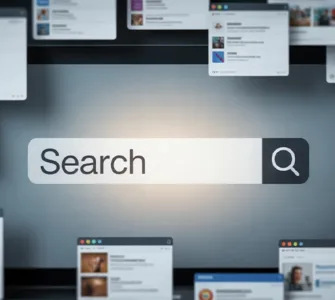 Perplexity : image ou photo d'un écran d’ordinateur avec une barre de recherche au centre. Autour, plein de fenêtres ouvertes, floues et désordonnées.