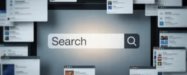 Perplexity : image ou photo d'un écran d’ordinateur avec une barre de recherche au centre. Autour, plein de fenêtres ouvertes, floues et désordonnées.