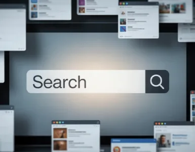 Perplexity : image ou photo d'un écran d’ordinateur avec une barre de recherche au centre. Autour, plein de fenêtres ouvertes, floues et désordonnées.