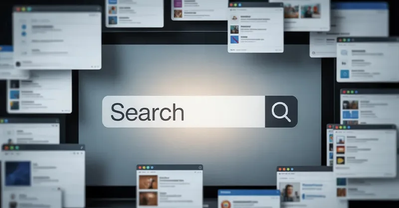 Perplexity : image ou photo d'un écran d’ordinateur avec une barre de recherche au centre. Autour, plein de fenêtres ouvertes, floues et désordonnées.