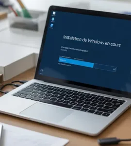 réinstaller facilement Windows : image ou photo d'un PC portable ouvert au centre de l’image avec écran affichant : “Installation de Windows en cours”.