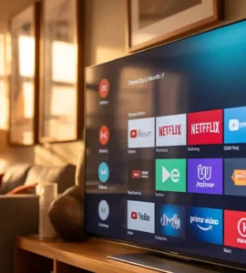 Smart TV : image ou photo d'une smart tv moderne posée dans un salon. L'écran affiche une interface des icônes : Netflix, Youtube, et Prime vidéo.