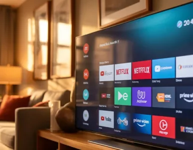 Smart TV : image ou photo d'une smart tv moderne posée dans un salon. L'écran affiche une interface des icônes : Netflix, Youtube, et Prime vidéo.