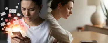 Smartphone : image ou photo divisée en deux : À gauche : personne stressée, téléphone qui vibre, notifications qui explosent à l’écran. À droite : la même personne détendue, téléphone posé face contre table, ambiance calme.