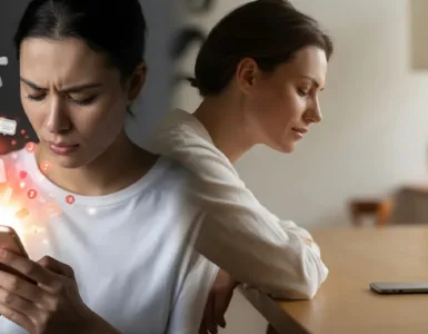 Smartphone : image ou photo divisée en deux : À gauche : personne stressée, téléphone qui vibre, notifications qui explosent à l’écran. À droite : la même personne détendue, téléphone posé face contre table, ambiance calme.