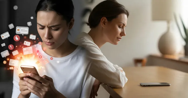 Smartphone : image ou photo divisée en deux : À gauche : personne stressée, téléphone qui vibre, notifications qui explosent à l’écran. À droite : la même personne détendue, téléphone posé face contre table, ambiance calme.