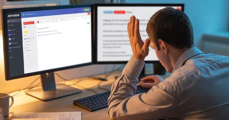 Clavier bug sur Anydesk : image ou photo d'un utilisateur assis devant deux écrans. Sur l’un des écrans, on voit Anydesk ouvert avec une connexion active.