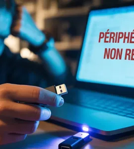 USB : image ou photo montrant d'un bureau sombre avec un ordinateur portable ouvert avec un message d’erreur “Périphérique USB non reconnu”. Avec une main tient une clé USB légèrement débranchée.