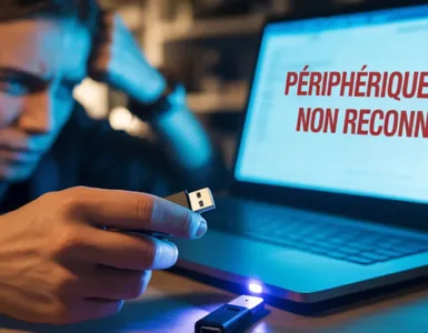 USB : image ou photo montrant d'un bureau sombre avec un ordinateur portable ouvert avec un message d’erreur “Périphérique USB non reconnu”. Avec une main tient une clé USB légèrement débranchée.