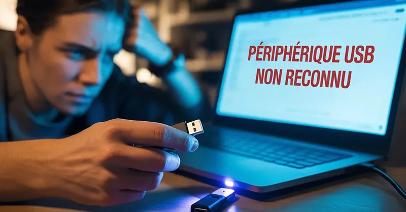 USB : image ou photo montrant d'un bureau sombre avec un ordinateur portable ouvert avec un message d’erreur “Périphérique USB non reconnu”. Avec une main tient une clé USB légèrement débranchée.