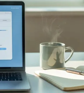 Configurer un PC : image ou photo d'un pc portable allumé, affichant une interface de paramètres. Une tasse de café à côté. Un carnet et un stylo pour donner une impression d’organisation.