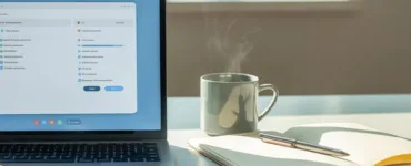 Configurer un PC : image ou photo d'un pc portable allumé, affichant une interface de paramètres. Une tasse de café à côté. Un carnet et un stylo pour donner une impression d’organisation.