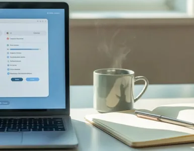Configurer un PC : image ou photo d'un pc portable allumé, affichant une interface de paramètres. Une tasse de café à côté. Un carnet et un stylo pour donner une impression d’organisation.