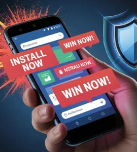 Android envahi par les pubs : image ou photo d'un smartphone Android au centre de l’image, tenu dans une main. L’écran affiche plusieurs pop-ups publicitaires agressifs (fenêtres rouges, boutons “installer”, “gagner maintenant”, etc.) qui débordent presque de l’écran.