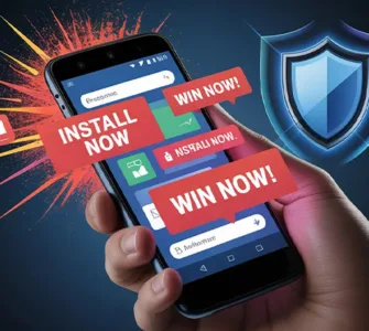 Android envahi par les pubs : image ou photo d'un smartphone Android au centre de l’image, tenu dans une main. L’écran affiche plusieurs pop-ups publicitaires agressifs (fenêtres rouges, boutons “installer”, “gagner maintenant”, etc.) qui débordent presque de l’écran.