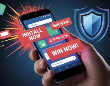 Android envahi par les pubs : image ou photo d'un smartphone Android au centre de l’image, tenu dans une main. L’écran affiche plusieurs pop-ups publicitaires agressifs (fenêtres rouges, boutons “installer”, “gagner maintenant”, etc.) qui débordent presque de l’écran.