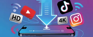 Applications : image ou photos d'un smartphone au centre de l’image avec une vidéo en cours de téléchargement. Une flèche de téléchargement descend vers le téléphone autour du téléphone il y a logos stylés de plateformes vidéo (youtube, tiktok, instagram).