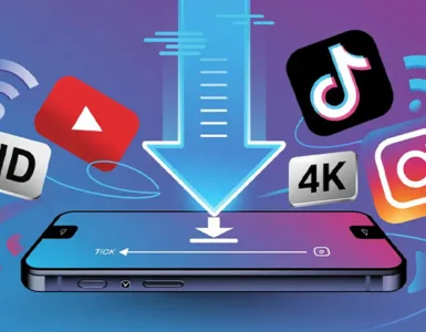 Applications : image ou photos d'un smartphone au centre de l’image avec une vidéo en cours de téléchargement. Une flèche de téléchargement descend vers le téléphone autour du téléphone il y a logos stylés de plateformes vidéo (youtube, tiktok, instagram).