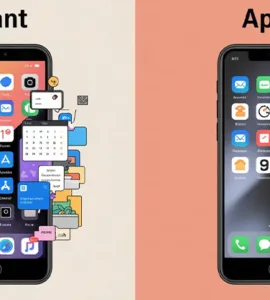 Applications méconnues : image ou photo de l'avant / après smartphone. À gauche : 📱 téléphone rempli d’applications inutiles (désordre). À droite : 📱 téléphone avec quelques apps utiles (organisation, productivité).