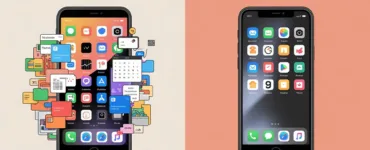 Applications méconnues : image ou photo de l'avant / après smartphone. À gauche : 📱 téléphone rempli d’applications inutiles (désordre). À droite : 📱 téléphone avec quelques apps utiles (organisation, productivité).