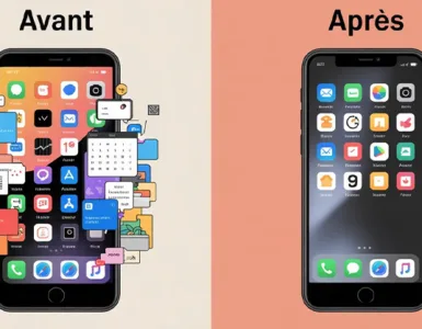 Applications méconnues : image ou photo de l'avant / après smartphone. À gauche : 📱 téléphone rempli d’applications inutiles (désordre). À droite : 📱 téléphone avec quelques apps utiles (organisation, productivité).