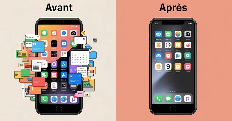 Applications méconnues : image ou photo de l'avant / après smartphone. À gauche : 📱 téléphone rempli d’applications inutiles (désordre). À droite : 📱 téléphone avec quelques apps utiles (organisation, productivité).