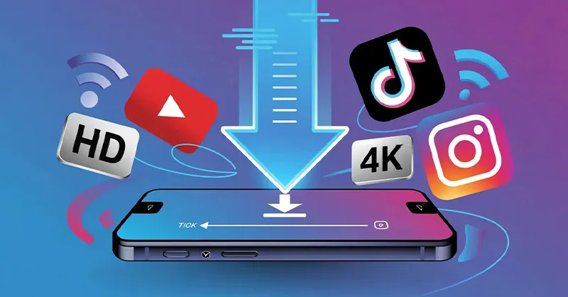Applications : image ou photos d'un smartphone au centre de l’image avec une vidéo en cours de téléchargement. Une flèche de téléchargement descend vers le téléphone autour du téléphone il y a logos stylés de plateformes vidéo (youtube, tiktok, instagram).