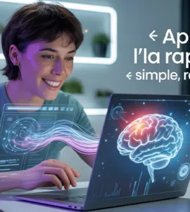 Apprendre l'IA : image ou photo d'un jeune adulte assis devant un ordinateur portable, dans une ambiance moderne et lumineuse. Sur l’écran, on voit des éléments d’intelligence artificielle (cerveau digital, lignes de code, interfaces futuristes). Autour de lui, des effets lumineux bleus et violets donnent un côté futuriste. L’expression du personnage montre la concentration mais aussi l’enthousiasme.