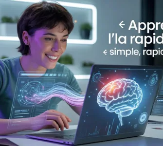 Apprendre l'IA : image ou photo d'un jeune adulte assis devant un ordinateur portable, dans une ambiance moderne et lumineuse. Sur l’écran, on voit des éléments d’intelligence artificielle (cerveau digital, lignes de code, interfaces futuristes). Autour de lui, des effets lumineux bleus et violets donnent un côté futuriste. L’expression du personnage montre la concentration mais aussi l’enthousiasme.