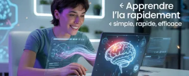 Apprendre l'IA : image ou photo d'un jeune adulte assis devant un ordinateur portable, dans une ambiance moderne et lumineuse. Sur l’écran, on voit des éléments d’intelligence artificielle (cerveau digital, lignes de code, interfaces futuristes). Autour de lui, des effets lumineux bleus et violets donnent un côté futuriste. L’expression du personnage montre la concentration mais aussi l’enthousiasme.