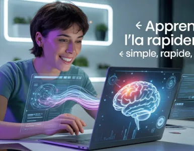 Apprendre l'IA : image ou photo d'un jeune adulte assis devant un ordinateur portable, dans une ambiance moderne et lumineuse. Sur l’écran, on voit des éléments d’intelligence artificielle (cerveau digital, lignes de code, interfaces futuristes). Autour de lui, des effets lumineux bleus et violets donnent un côté futuriste. L’expression du personnage montre la concentration mais aussi l’enthousiasme.