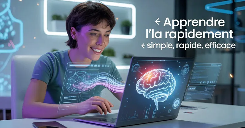 Apprendre l'IA : image ou photo d'un jeune adulte assis devant un ordinateur portable, dans une ambiance moderne et lumineuse. Sur l’écran, on voit des éléments d’intelligence artificielle (cerveau digital, lignes de code, interfaces futuristes). Autour de lui, des effets lumineux bleus et violets donnent un côté futuriste. L’expression du personnage montre la concentration mais aussi l’enthousiasme.