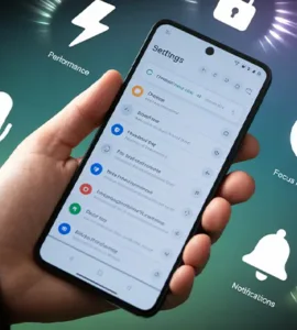 Fonctions cachées sur smartphone Android : image ou photo smartphone Android vu en gros plan, tenu dans une main, avec l’écran ouvert sur les paramètres. Autour du téléphone, des icônes flottantes légèrement lumineuses représentent : un cadenas, un éclair, un micro, une lune, une cloche.