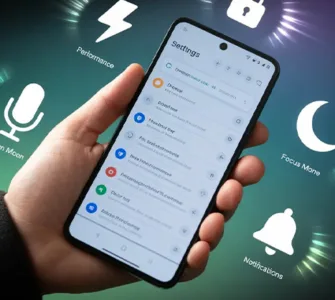 Fonctions cachées sur smartphone Android : image ou photo smartphone Android vu en gros plan, tenu dans une main, avec l’écran ouvert sur les paramètres. Autour du téléphone, des icônes flottantes légèrement lumineuses représentent : un cadenas, un éclair, un micro, une lune, une cloche.