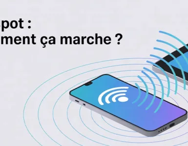 Hotspot : image ou photo d'un smartphone au centre avec des ondes Wi-Fi qui se diffusent vers un ordinateur portable et une tablette.