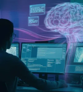 Intelligence artificielle : image ou photo d'une personne assise devant un PC dans une pièce sombre avec un éclairage néon bleu/violet. Sur l’écran, plusieurs interfaces d’intelligences artificielles flottent.