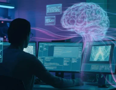 Intelligence artificielle : image ou photo d'une personne assise devant un PC dans une pièce sombre avec un éclairage néon bleu/violet. Sur l’écran, plusieurs interfaces d’intelligences artificielles flottent.