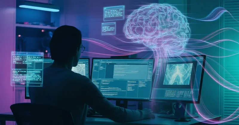 Intelligence artificielle : image ou photo d'une personne assise devant un PC dans une pièce sombre avec un éclairage néon bleu/violet. Sur l’écran, plusieurs interfaces d’intelligences artificielles flottent.