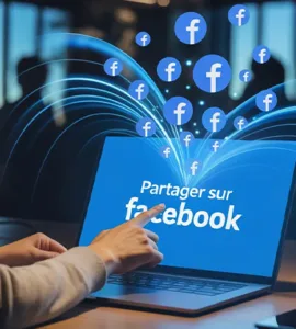 Le bouton partager sur Facebook : image ou photo d'une personne sur un ordinateur ou un smartphone qui clique sur un bouton bleu “Partager sur Facebook”, et plusieurs icônes Facebook qui se propagent comme des ondes ou des bulles vers d’autres utilisateurs.